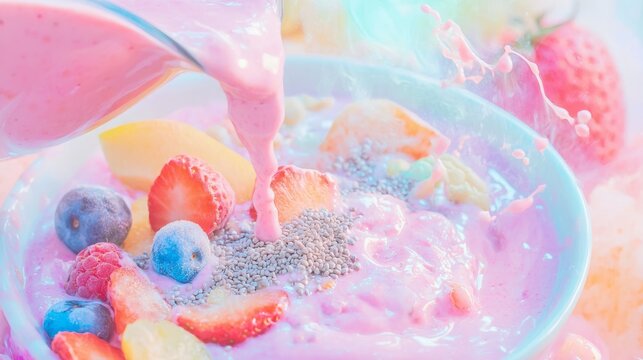 Nutrient-Rich Wellness Elixir: Hand Pouring Magnesium Glycinate Powder into Colorful Smoothie Bowl with Vibrant Fruits and Seeds