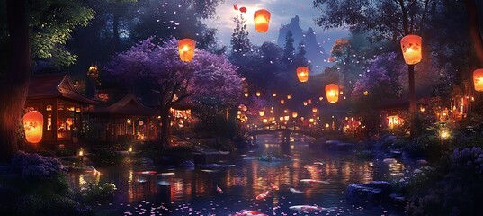 Lantern Glow: Cherry Blossoms and Koi in Evening Serenity
