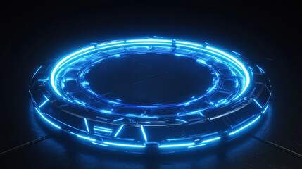 Fototapeta premium Futuristic circle portal glowing on black background. Vector realistic illustration of neon blue teleport with hologram effect, light beams. Virtual reality game design element. Sci-fi projector light