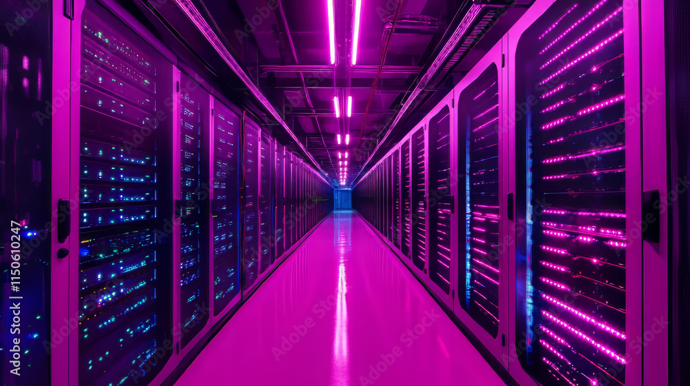 Poster abstract data center room with bright neon blue and pink light glowing server blocks. realistic 3d v