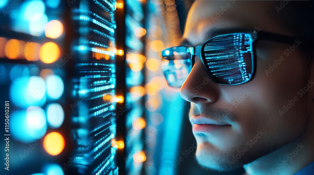 Poster abstract data center room with bright neon blue and pink light glowing server blocks. realistic 3d v