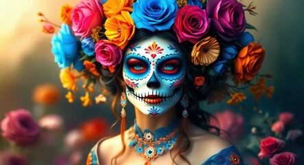 Day of the Dead makeup, ornate sugar skull face paint, vibrant floral headdress, colorful roses, marigolds, blue and red color scheme, traditional Mexican celebration, ethereal lighting, bokeh backgro