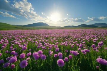 Obraz premium Purple flowers blooming in a field at sunset with mountains in background