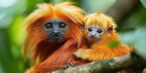 Obraz premium Golden lion tamarin and its baby resting on a branch