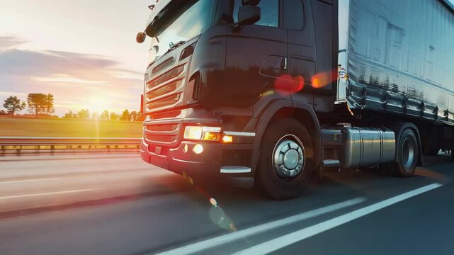 Large black truck driving on an open road during sunset with trees lining the horizon