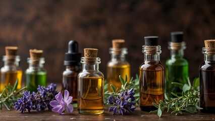 Homeopathic oils in glass bottles with herbs and flowers on wooden background