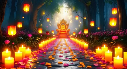 Magical illuminated path, glowing lanterns, colorful paper lamps, candlelit walkway, enchanted forest, Buddha statue, spiritual journey, mystical atmosphere, vibrant colors, reflective stone pathway, 
