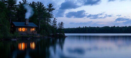 Obraz premium Twilight Cabin: Smoke, Reflections, and Pines by the Lake