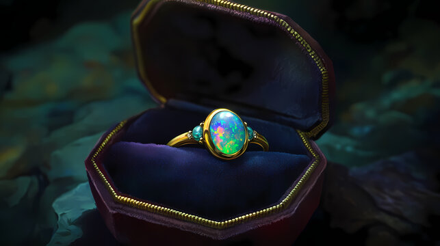 Black opal ring in a velvet box. Opal. Illustration