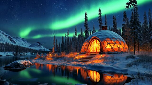 Glowing igloo under a vibrant green aurora borealis in a snowy forest, reflecting in a serene lake, ideal for winter travel ads or nature-inspired designs