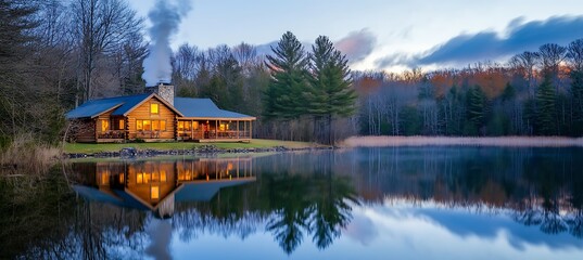 Naklejka premium A serene lakeside cabin at twilight, with smoke rising from the chimney, the water reflecting the evening sky, and pine trees surrounding the lake 