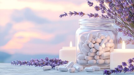 Serene Wellness - Glass Jar Filled with Magnesium Glycinate Capsules Surrounded by Lavender and Candles for Relaxation and Holistic Health Concept