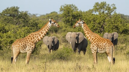 Obraz premium Two giraffes facing each other with elephants in background in african savanna