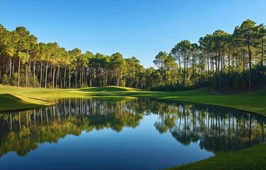 Fototapeta premium Serene Golf Course Water Reflection Amidst Tall Trees