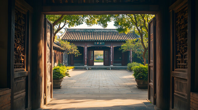 A picturesque Ming dynasty ancestral courtyard resting in a quiet plain.