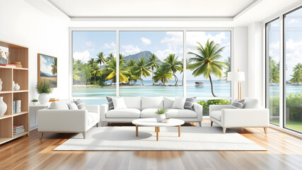 Fototapeta premium White living room interior with sofa and armchair, shelf with art decoration, carpet on hardwood floor. Panoramic window on tropics. Mockup copy space wall. 3D rendering. Generative AI