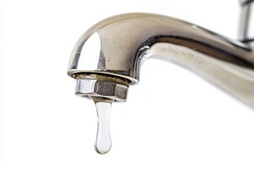 Sink faucet dripping with the water drop. A drop of water drips from a leaky faucet. Bathroom metal tap isolated on transparent white background with Falling water drop close up. Droplet. Copy space