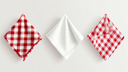 Obraz premium White empty and red gingham handkerchief mockup - realistic vector illustration set of folded cloth napkin or kitchen towel top view. Fabric textile tablecloth or restaurant serviette template.