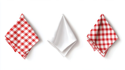 Obraz premium White empty and red gingham handkerchief mockup - realistic vector illustration set of folded cloth napkin or kitchen towel top view. Fabric textile tablecloth or restaurant serviette template.
