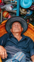 A relaxed East Asian man lounges in a hammock, surrounded by items that reflect local culture and atmosphere