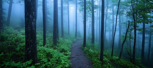 A morning in a foggy forest, with tall trees  into the mist and the sound of birdsong 