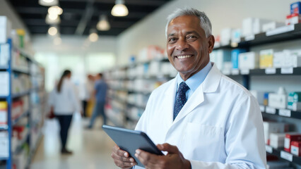 Black smiling pharmacist elderly man, gray hair, dressed in white medical suit, holding digital tablet, stands against the backdrop of pharmacy interior in light colors