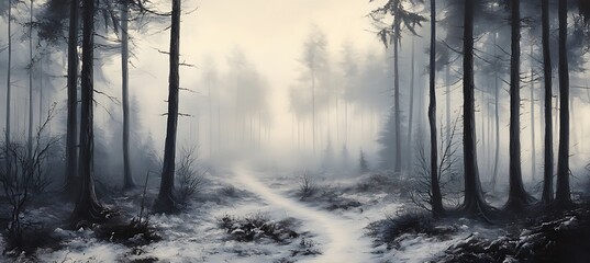 Fototapeta premium A morning in a foggy forest, with tall trees into the mist and the sound of birdsong 