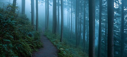 Obraz premium A serene morning in a foggy forest, with tall trees disappearing into the mist, a narrow trail leading deeper into the woods, and the sound of birdsong