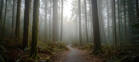 A serene morning in a foggy forest, with tall trees disappearing into the mist, a narrow trail leading deeper into the woods, and the sound of birdsong