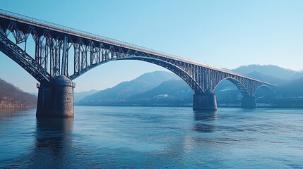 Steel arch bridge spans serene river valley, with mountains in the background.