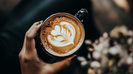 hand holding coffee mug with floral foam decoration