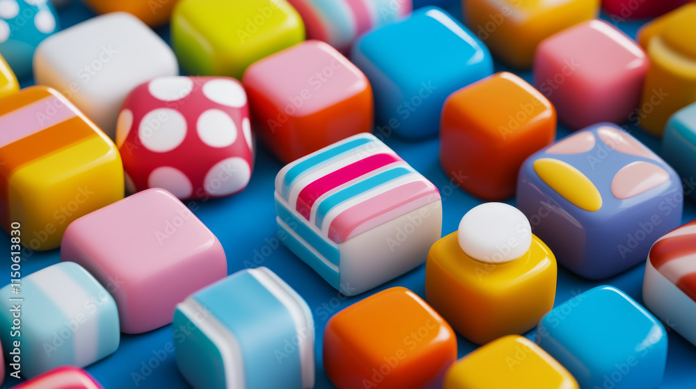 Poster set of candy app icons, game ui square buttons, cartoon lollipop menu interface, colorful blocks wit