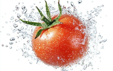 A fresh red tomato floating mid-air with a splash of water droplets, isolated on a bright white background