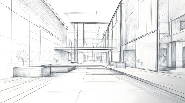 A refined hand sketch of a modern art gallery by a renowned architect.