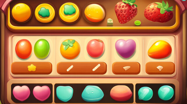Match 3 candy game ui interface background. Vector jelly puzzle mobile app design. Set of food icon on screen with score field. Cartoon gameplay assets with bonus and booster button.