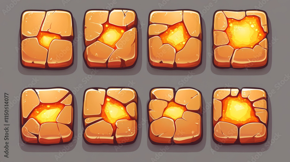 Poster lava game buttons animation set. vector cartoon illustration of stone frames with orange cracks. men