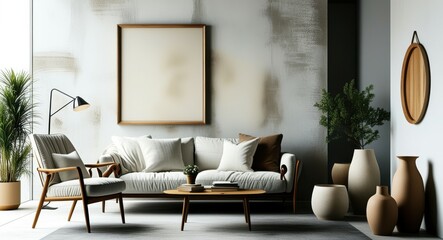 Modern living room, minimalist decor, gray sofa, mid-century armchair, large abstract artwork, potted plant, hardwood floors, textured wall, natural light, earth tones, sleek coffee table, cozy interi