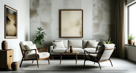 Modern living room, minimalist decor, gray sofa, mid-century armchair, large abstract artwork, potted plant, hardwood floors, textured wall, natural light, earth tones, sleek coffee table, cozy interi