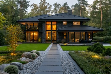Obraz premium Modern luxury house exterior with illuminated garden and pathway at dusk