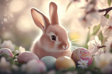 fluffy Easter bunny sitting next to colorful eggs, surrounded by blooming spring flowers