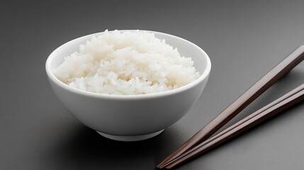 A bowl of white rice with chopsticks on a dark surface.