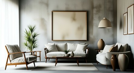 Modern living room, minimalist decor, gray sofa, mid-century armchair, large abstract artwork, potted plant, hardwood floors, textured wall, natural light, earth tones, sleek coffee table, cozy interi