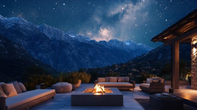 Modern chalet with fire pit overlooking mountain village under starry night sky - Powered by Adobe