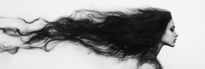 Fototapeta premium Ethereal Woman with Flowing Dark Hair in White Glow