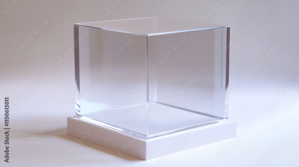 Poster glass cube box on white stand. empty clear square showcase on podium in front and angle view. vector