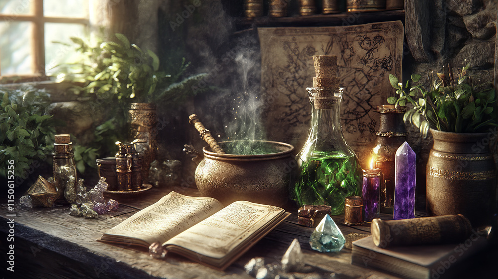 Poster magic amulets, crystal, book of spell and cauldron with boiling potion. vector cartoon icons set, gu