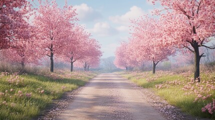Naklejka premium A rural dirt road lined with blooming cherry blossom trees and a clear sky overhead.