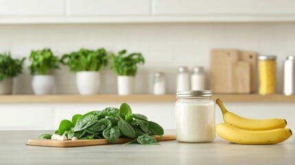 Nutritious Kitchen: Magnesium Glycinate Jar Among Fresh Spinach and Bananas - Healthy Cooking Scene