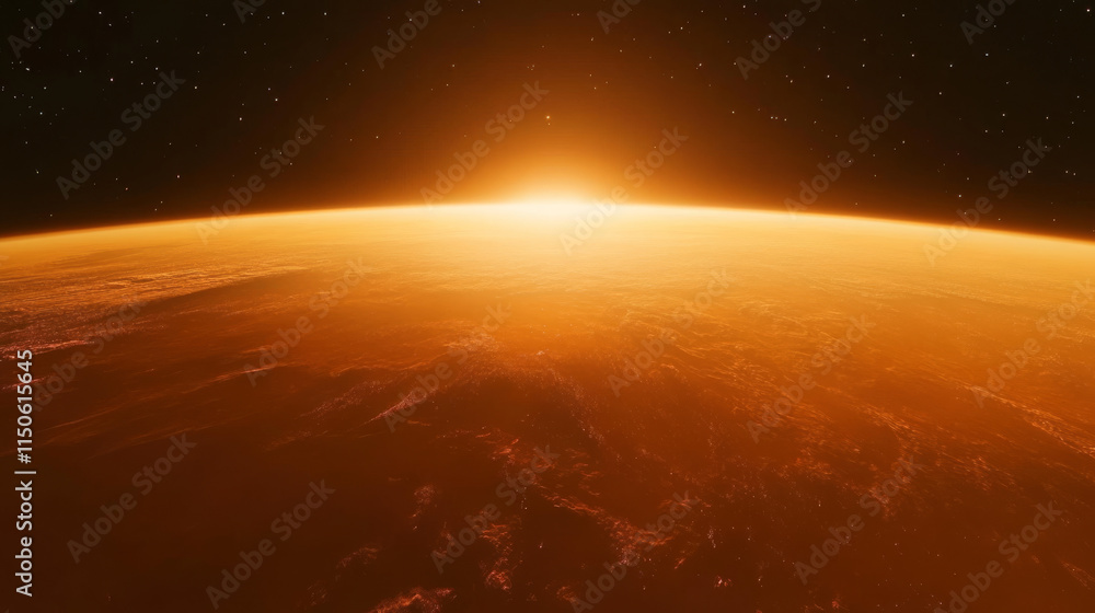 Poster planet horizon with bright orange glow. realistic vector illustration of view from outer space on ab
