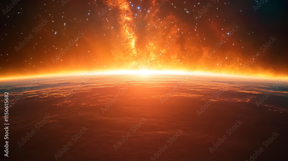 Poster planet horizon with bright orange glow. realistic vector illustration of view from outer space on ab